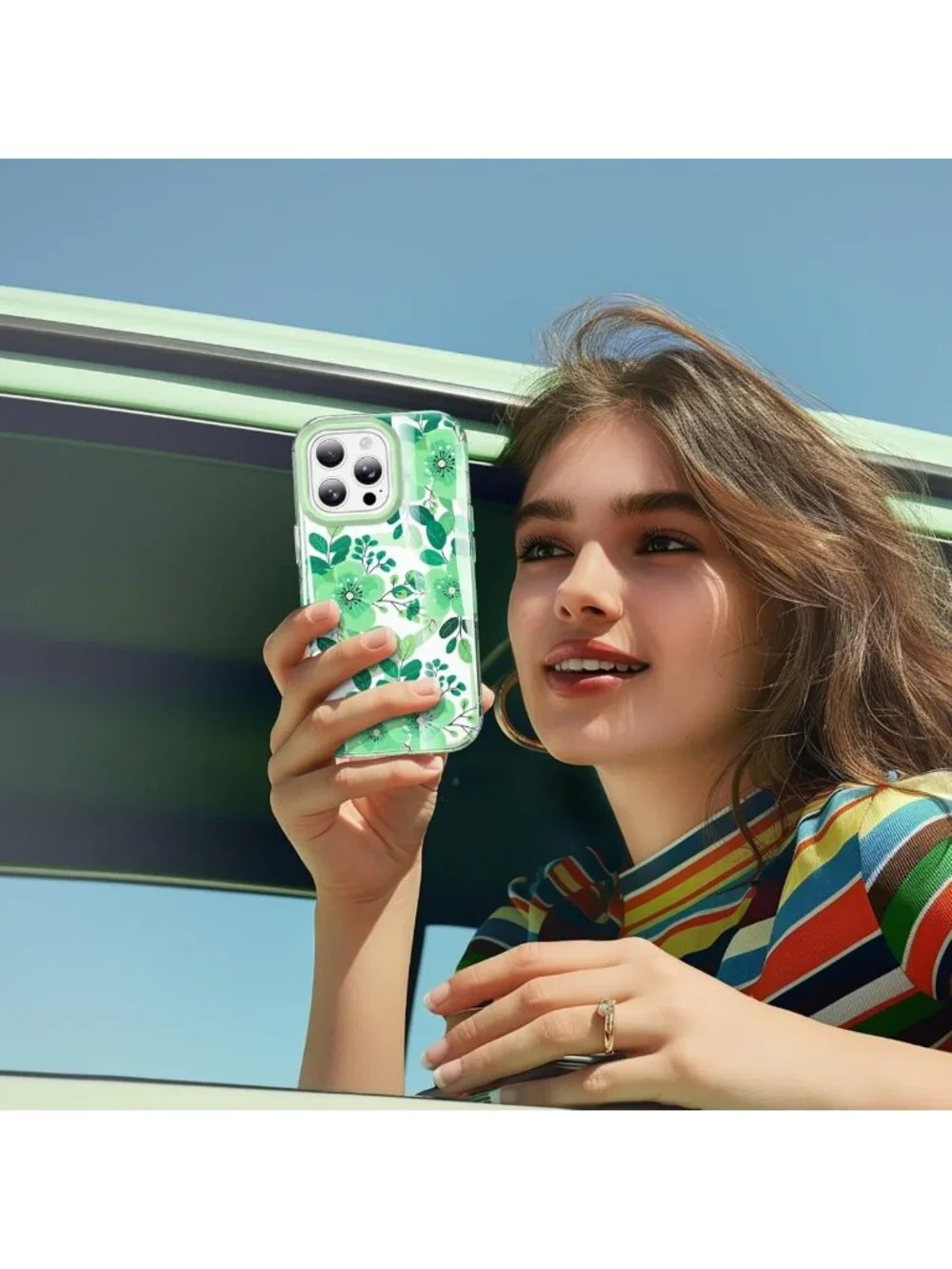 iPhone 15 Pro Case with Built-in Screen Protector - Rugged Floral Green Cover